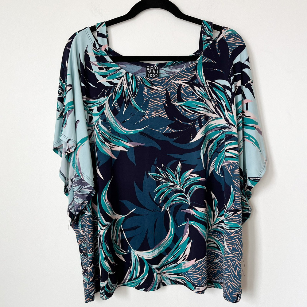Clara Sun‎ Woo Tropical Leaf Print Top Cut Out Womens Plus 3X Slinky Resort